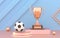 Golden trophy cup with soccer ball on the podium. Winner Cup and football ball. Shiny golden trophy awards on wooden