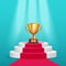 Golden trophy cup stand on round award pedestal with red carpet realistic style
