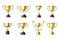 Golden trophy cup. Winners trophy, first place glossy gold cups and win sports prize vector illustration set