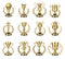 Golden trophy cups. Gold goblets and figures with laurel wreath. Vector realistic sports prize or business awards