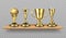 Golden trophy. Realistic bookshelf with sport victory symbols. Library wooden shelf with shiny gold cups. Vector