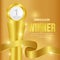 Golden trophy for winning announcement template with golden ribbon banner
