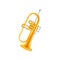 Golden trumpet in flat style. Large brass wind instrument with straight tubing in three sections. Vector design for