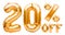 Golden twenty percent sale sign made of inflatable balloons isolated on white. Helium balloons, gold foil numbers. Sale