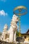 Golden umbrela and animals statue at Wat Saen Fang temple in Chiang Mai, Thailand.