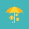 Golden umbrella with gold dollar coins stack under it. Vector flat icon isolated on blue. Income safe