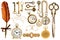Golden vintage accessories. Antique keys, clock, glasses, scissors, compass