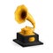 Golden vintage gramophone. Old yellow phonograph on black stand