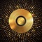 Golden vinyl disc on abstract gold halftone circle background. Music disco party shiny luxury banner