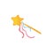 Golden wand with star and colored ribbons. Cartoon icon of stick with magical power. Princess accessory. Colorful flat