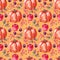Golden watercolor pattern with plums pumpkins apples viburnum and rosehip