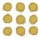 Golden wax seal, premium gold envelope stamp. Realistic royal letter seals, vintage certificate label, wax medallion