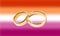 Golden wedding rings on background in color of lesbian flag