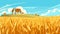 Golden wheat field ripe harvest farmhouse background. Countryside scenery agriculture farmland