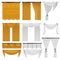 Golden and white velvet silk curtains and draperies set. Interior realistic luxury curtains decoration design.