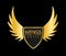 Golden wing logo. Eagle or angel flying wings with gold shield, sport or business success awards, shiny luxury