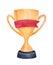 Golden winner cup on black marble base with red blank ribbon