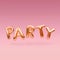 Golden word PARTY made of inflatable balloons floating on pink background. Gold foil balloon letters. Celebration concept