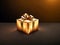 Golden Wrapped Gift Box with a Golden Bow on Reflective Surface on Red-brown Background, created with Generative AI technology