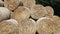 Golden yellow bale of hay filmed from the side close-up, during the day without people