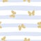 Golden yellow glittering butterflies on blue striped background. Cute seamless pattern.