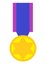 A golden yellow medal with a six pointed star and indigo blue pink purple ribbon sleeve strap white backdrop