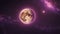 golden yellow moon with a sparkling surface and stars. The moon is orbiting a purple and pink nebula