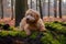 Goldendoodle pup laying on a tree trunk in forest