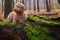 Goldendoodle pup laying watching up on a tree trunk in forest