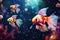 Goldfish in the aquarium. Beautiful underwater world. 3d rendering, Underwater view of a pile of garbage in the ocean. 3d