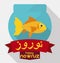 Goldfish in a Bowl with Greeting Ribbons for Nowruz, Vector Illustration
