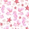 Goldfish, Red starfish, pink shells and Sea Horse. Seamless pattern
