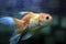 Goldfish in the scratches mirror surface of fish tank dirty concept is scratches of fish tank dirty aquarium mirror, goldfish in