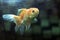 Goldfish in the scratches mirror surface of fish tank dirty concept is scratches of fish tank dirty aquarium mirror, goldfish in