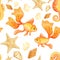 Goldfish, starfish, shells and Sea Horse. Seamless pattern