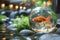 Goldfish Swimming Serenely in a Round Glass Bowl Amongst River Pebbles and Greenery