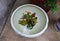 Goldfish swimming in a traditional large Chinese porcelain pot outdoor