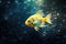 A goldfish swimming in the water with bubbles. Contaminated water, radioactive fish.