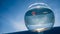 A goldfish swims in a round aquarium against a blue sky.