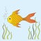 Goldfish swims in the water in the aquarium. Algae around it. Vector illustration