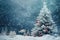 A goldfish swims in a wintry scene, with snowflakes falling around and a snowy Christmas tree in the background.