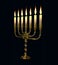 goldish decorative menorah flaming isolated, conceptual object 3D rendering