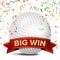 Golf Award Vector. Red Ribbon. Big Sport Game Win Banner Background. White Ball. Confetti Falling. Realistic Isolated