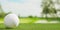 Golf ball close up on green grass or lawn with golf course fairway blurred background, golf sports or activity concept with copy