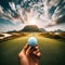 Golf ball flies through air, heading to a perfect landing on green