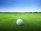 Golf ball on green grass field and on green fairway with beautiful blue sky