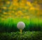Golf ball on green grass field and yellow blur bac