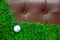 Golf ball on green grass and luxury leather