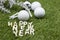 Golf ball with Happy new year sign on green grass