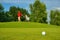 Golf, ball lying on the green next to hole, in the background goes golfer